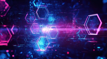 Obraz premium A cyberpunk tech background with shattered transparent hexagons, neon reflections, digital matrix vibe