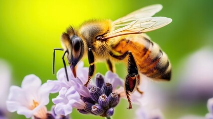 Close-Up View of Honey Bee Pollinating Lavender Flower in Natural Garden Setting