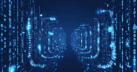 Abstract blue background with glowing lines and binary code in the shape of an electric cable or tube flowing from left to right, representing data transfer technology