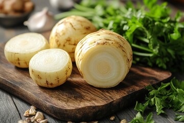 Freshly cut celery root and parsley on a wooden cutting board in a rustic kitchen setting