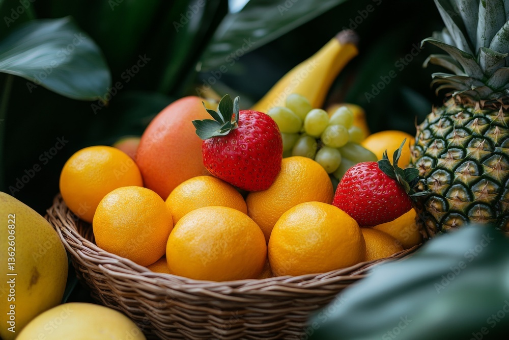 Poster fresh fruits arranged in a woven basket surrounded by lush green leaves in a natural setting