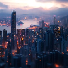 Obraz premium Stunning Aerial View of a City Skyline at Dusk with Illuminated Buildings