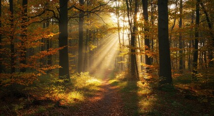Sunlight filters through trees in an autumn forest path 