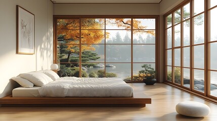 Obraz premium Japandi-style minimalist bedroom featuring natural wood low bed simple decor and warm tones 3D rendering illustration