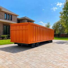 large orange roll off dumpster is parked on paved driveway in front of modern brick house. clear blue sky and lush green lawn create vibrant backdrop, adding cheerful atmosphere to scene