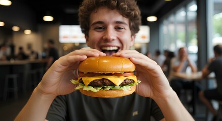 Young man enjoying a delicious cheeseburger burger in a restaurant, smiling and savoring a casual dining experience with fresh ingredients, representing happiness and a relaxed atmosphere.