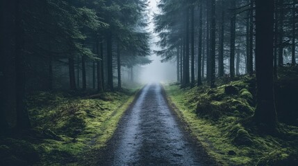 Naklejka premium A damp forest road, shrouded in heavy mist, with moss-covered trees on either side