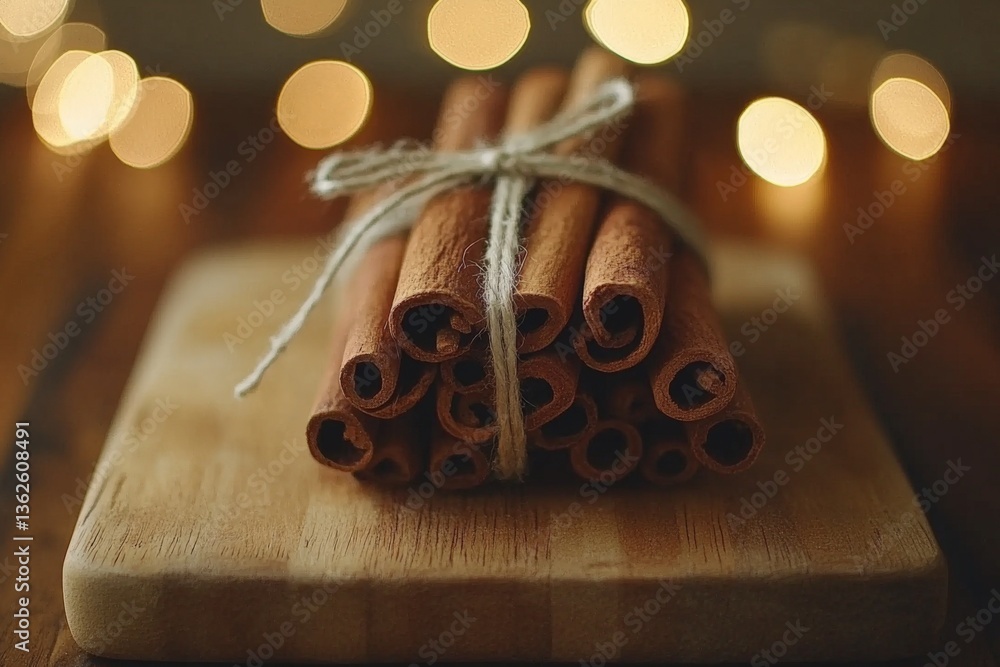 Aufkleber Stacked cinnamon sticks tied with string on a wooden board with warm bokeh lights in the background