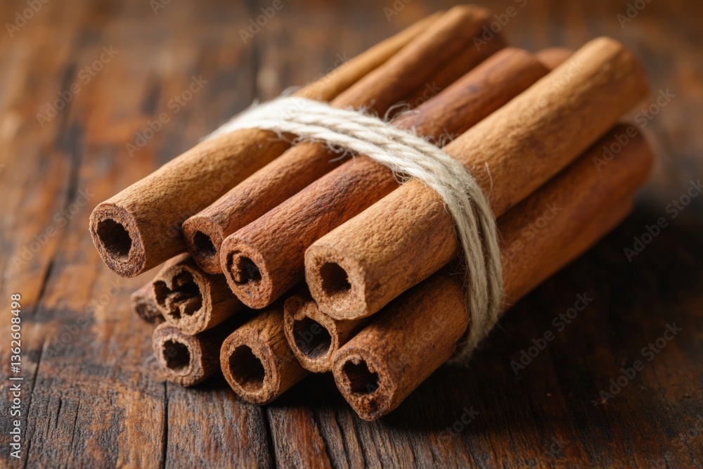 Poster natural cinnamon sticks tied with twine on a rustic wooden table in warm lighting