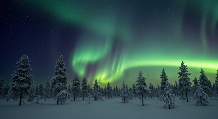 Northern lights illuminate winter forest at night 