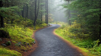 Obraz premium A damp trail disappearing into thick fog, flanked by lush green forest