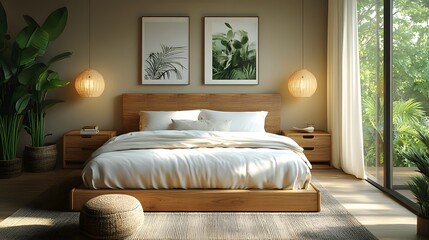 Calm serene bedroom with light wooden furniture soft muted color tones and warm inviting textures 3D rendering illustration