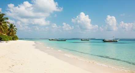 Tranquil beach with fishing boats on a sunny day 