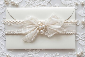 
Elegant wedding invitation with pearls and pink ribbon, featuring the name. The card is adorned with delicate beadwork along its edges, adding to its luxurious feel. 