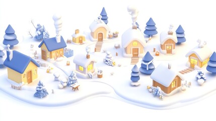 Snowy village scene with lit houses, trees, and smoke on a winter landscape for festive decorations