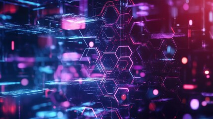Fototapeta premium A cyberpunk tech background with shattered transparent hexagons, neon reflections, digital matrix vibe