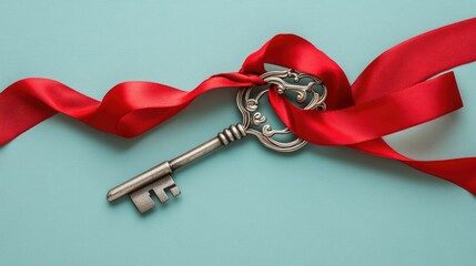 A decorative silver key, elegantly tied with a flowing red ribbon, resting on a light green backdrop