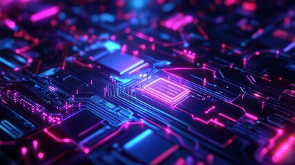 Obraz premium Neon Circuit Board Glowing Processor Tech Background