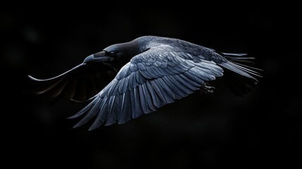 Naklejka premium Majestic black raven soaring through the dark sky in flight showing detailed feathers in a moody atmosphere