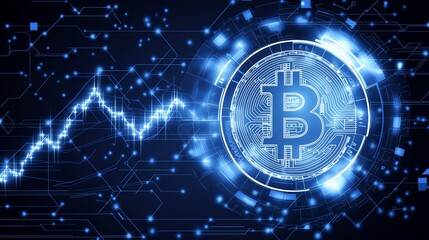 Obraz premium A captivating digital illustration showcasing Bitcoin with a glowing symbol amidst a background of data streams and fluctuating graphs, symbolizing cryptocurrency's dynamic nature.