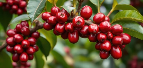 Fototapeta premium Vibrant red Arabica coffee cherries ripening on a branch, berries, Ethiopia, green