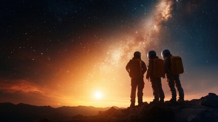 Fototapeta premium Three astronauts stand on a rocky outcrop, gazing at a stunning cosmic landscape filled with stars and galaxies, symbolizing exploration, wonder, and the vastness of space.