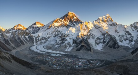 Majestic view of Mount Everest and base camp at sunset 
