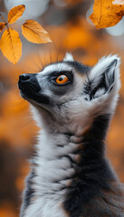 Lemur gazing up with leaves in autumn