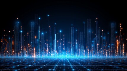 A captivating digital landscape showcasing vertical lines of blue light and sparkling particles against a dark backdrop, representing futuristic technology and innovation.