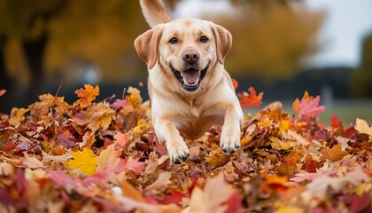 Labrador Retriever Joyfully Leaping into a Colorful Autumn Pile of Leaves, Showcasing the Spirit of Outdoor Play and Canine Adventures