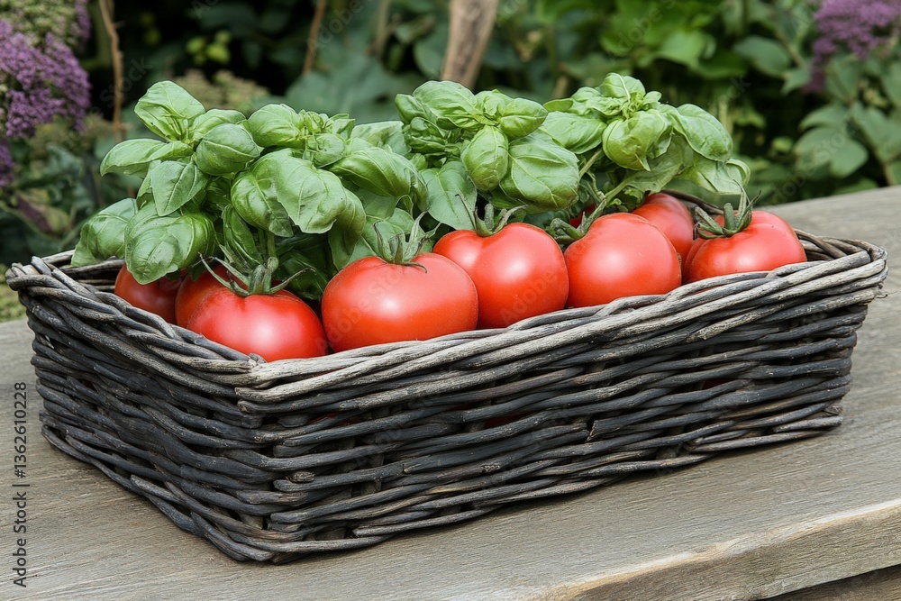 Poster fresh basil and ripe tomatoes arranged in a wicker basket on a wooden surface in a garden setting