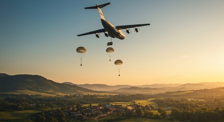 Cargo plane airdropping supplies over rural landscape at sunset