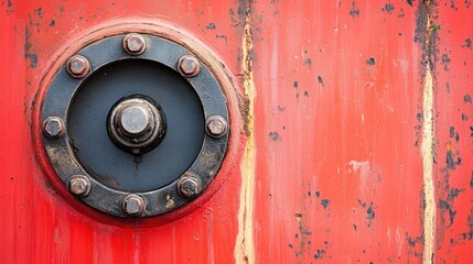 A detailed close-up of a wastewater treatment tank's exterior, with visible piping, set against a bright red background