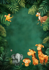 Naklejka premium A colorful jungle scene featuring cartoon animals, ideal for children's content.