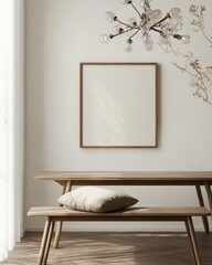 Minimalist wooden bench and table with blank frame.