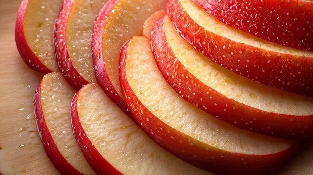 A close up of a sliced apple with a shiny, wet surface. The slices are arranged in a spiral pattern, creating an interesting visual effect. Concept of freshness and natural beauty