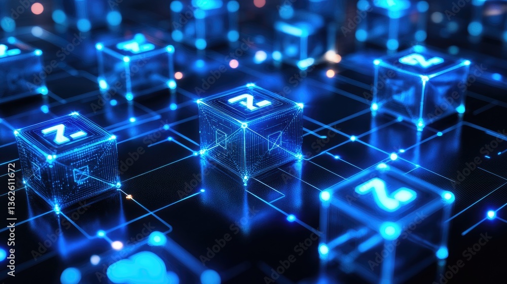 Poster abstract representation of a dao decentralized autonomous organization running on a blockchain, futu