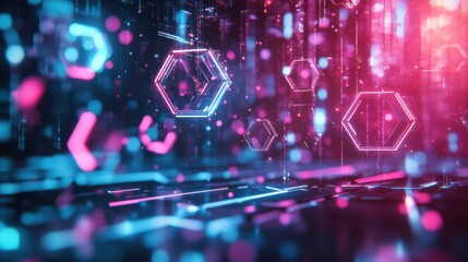 Fototapeta premium A cyberpunk tech background with shattered transparent hexagons, neon reflections, digital matrix vibe