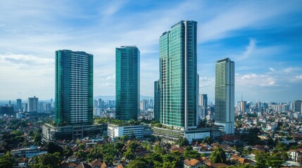 Modern skyscrapers rise above city, sunny day