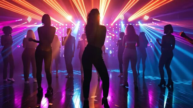 A group of women are dancing in a club with colorful lights. Scene is energetic and fun