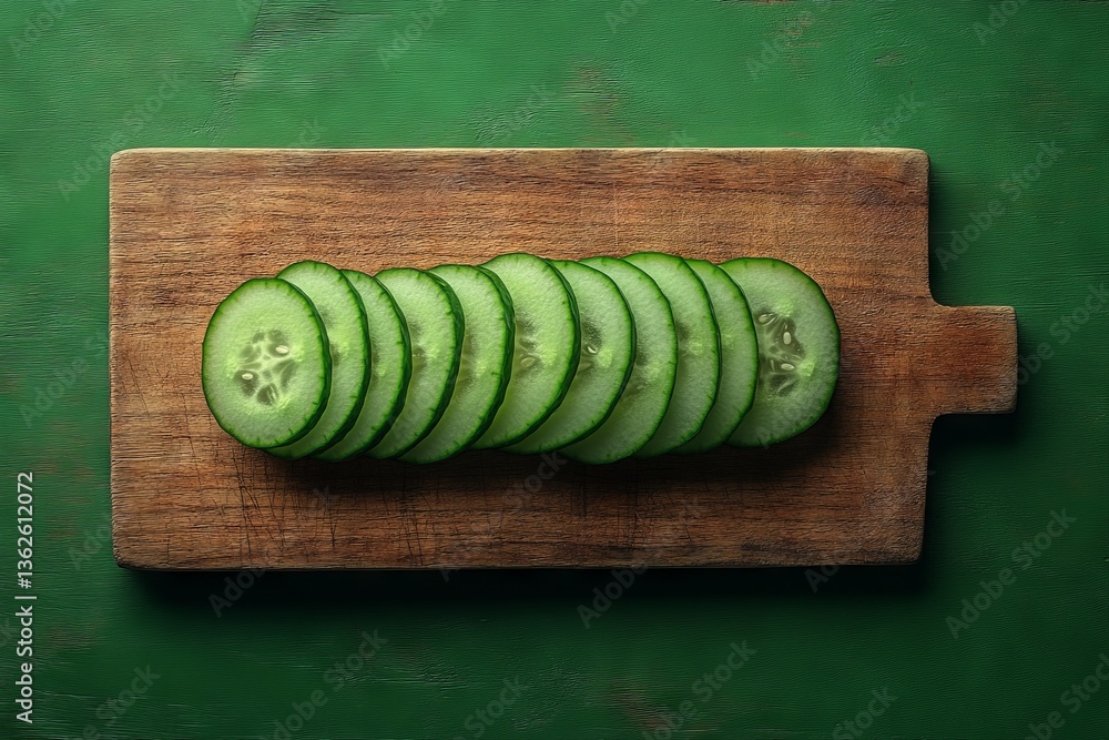 Poster Freshly sliced cucumbers arranged neatly on a wooden cutting board against a green background