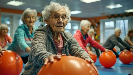 A group of elderly people are playing with orange balls. Scene is lighthearted and fun, as the elderly people are enjoying themselves and engaging in physical activity