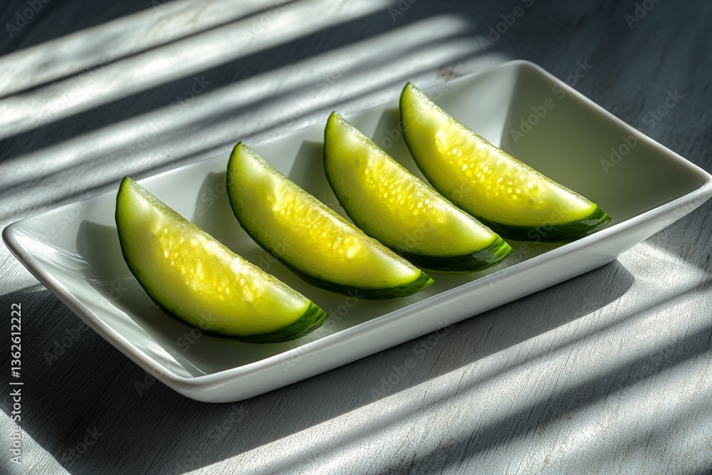 Poster Fresh cucumber slices arranged neatly on a white plate illuminated by soft sunlight