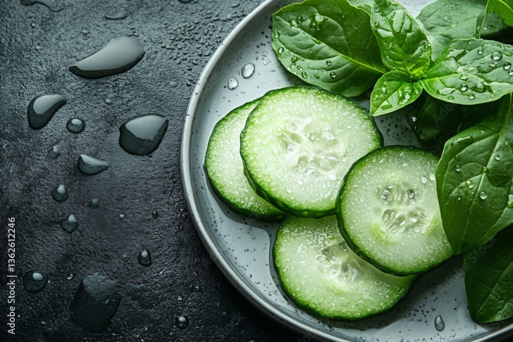 Poster fresh cucumber slices and spinach leaves arranged on a plate with water droplets on a dark surface