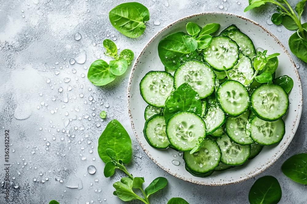 Poster Fresh cucumber slices with leafy greens on a rustic plate in a bright kitchen setting during the day