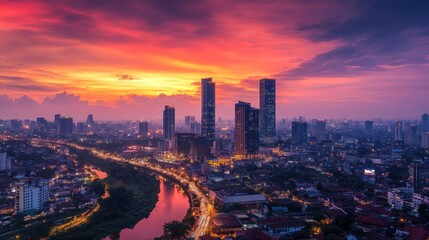 Cityscape sunset river aerial view vibrant sky