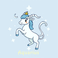 Cute Cartoon Aquarius Zodiac Sign White Goat with Crown