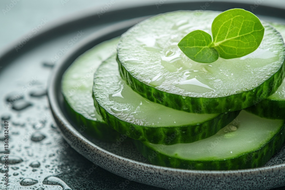 Aufkleber fresh cucumber slices arranged on a dark plate with water droplets and a sprig of mint on a bright s