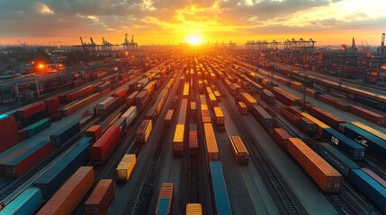 Cargo containers are arranged in a vast yard as the sun sets, highlighting the intricate network of intermodal transportation and logistics at a major freight facility.