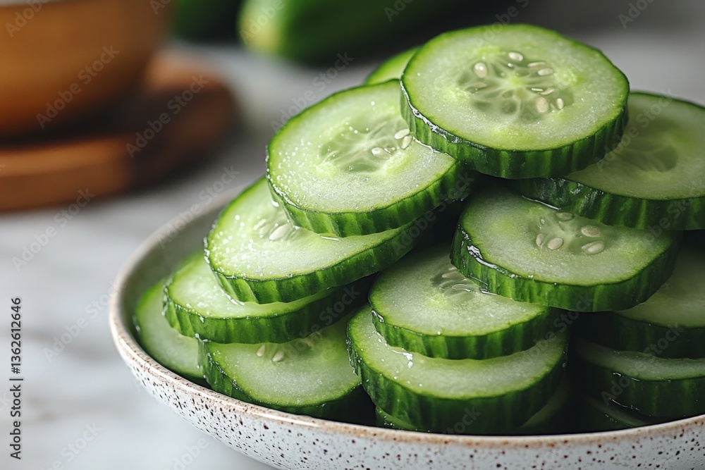 Poster freshly sliced cucumbers neatly arranged in a bowl on a marble countertop with wooden utensils nearb